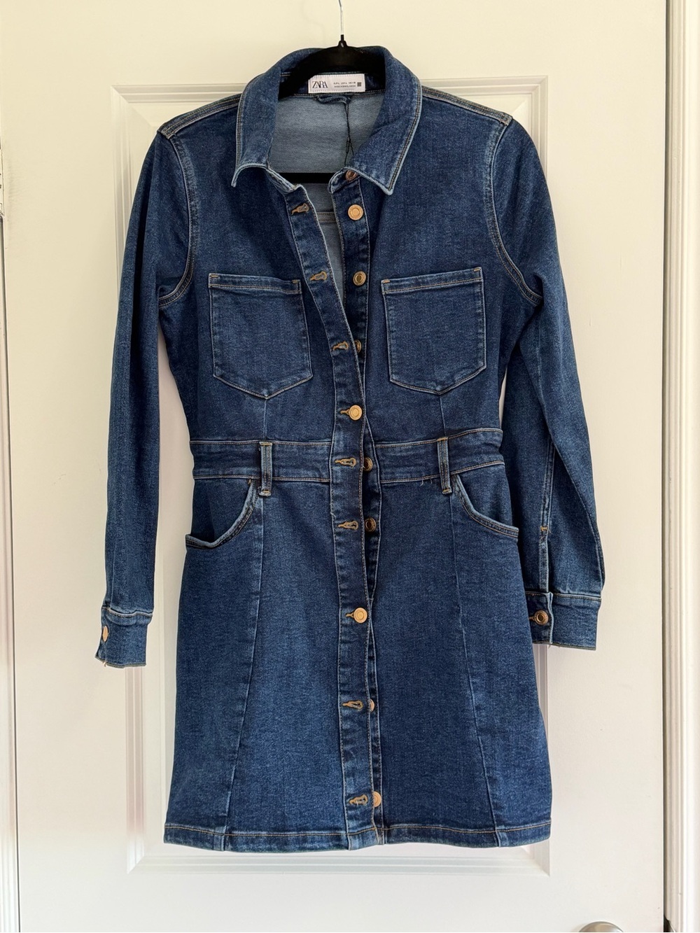 Zara Dark Blue Denim Button-Front Shirt Dress